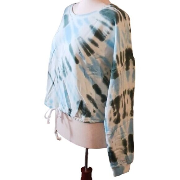 NEW Lucky Brand Crew Neck Cropped Blue Green Tie-Dye Sweatshirt Size XXL - Picture 2 of 11